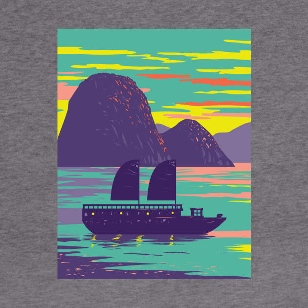 Ha Long Bay or Halong Bay with Junk Boat Vietnam WPA Art Deco Poster by patrimonio